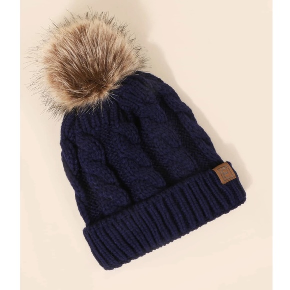 Rouge! Accessories - Navy Blue Cable Knit Beanie Hat Faux Fur Pom Pom 100% Acrylic